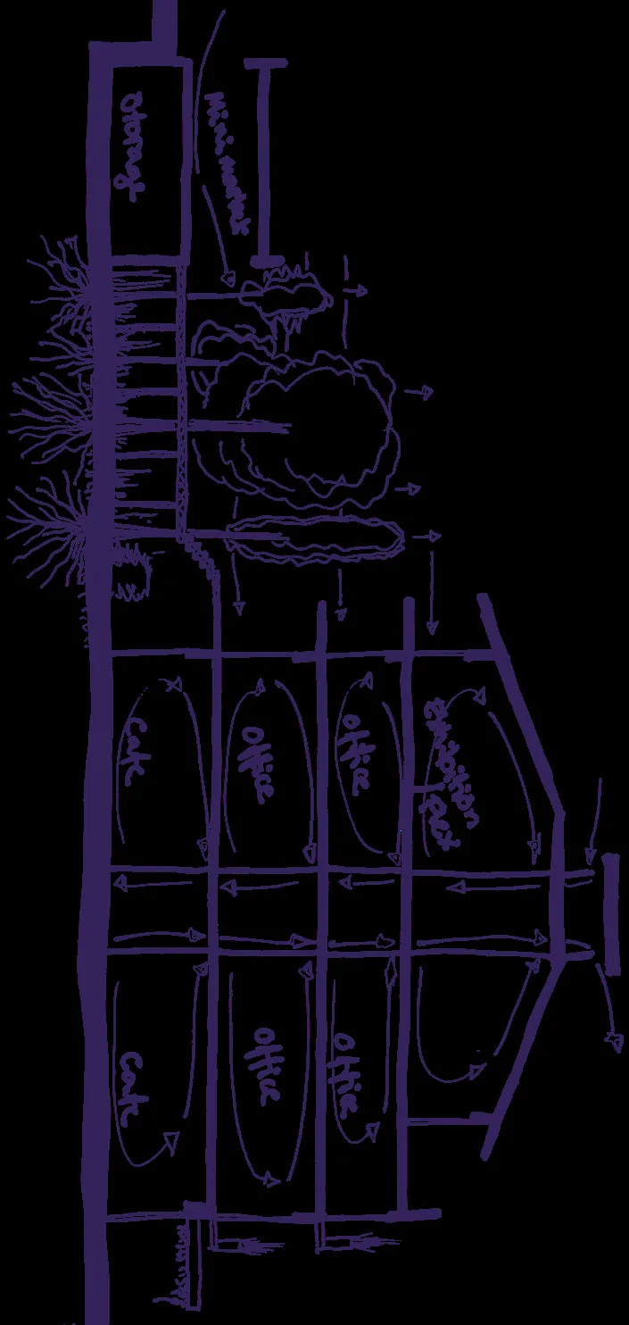 Hand sketch of the initial concept: a vertical section with a central shaft, vegetation and rooms around it