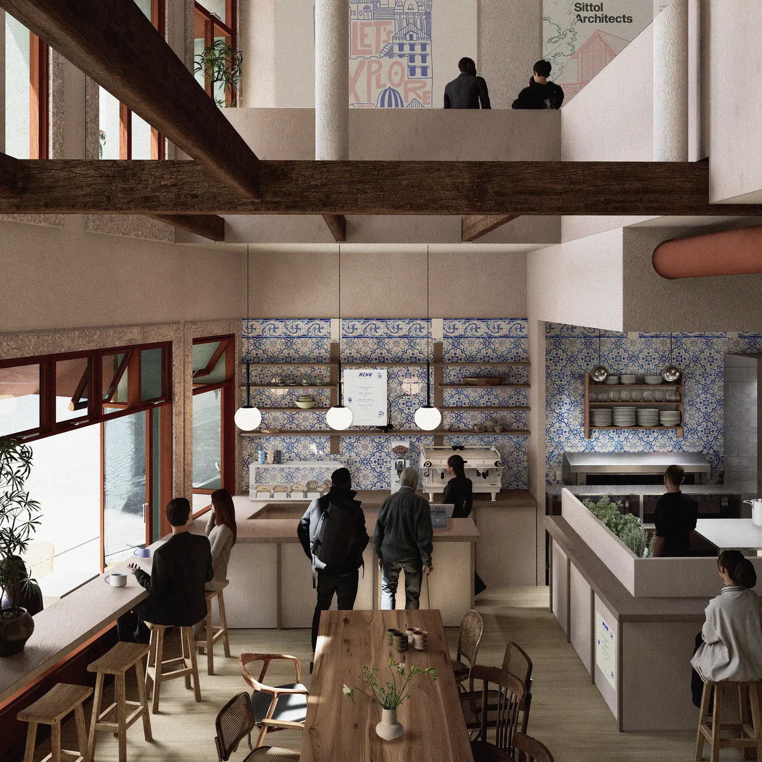 Render of the café: a counter, a long timber table and a wall of reused blue and white tiles