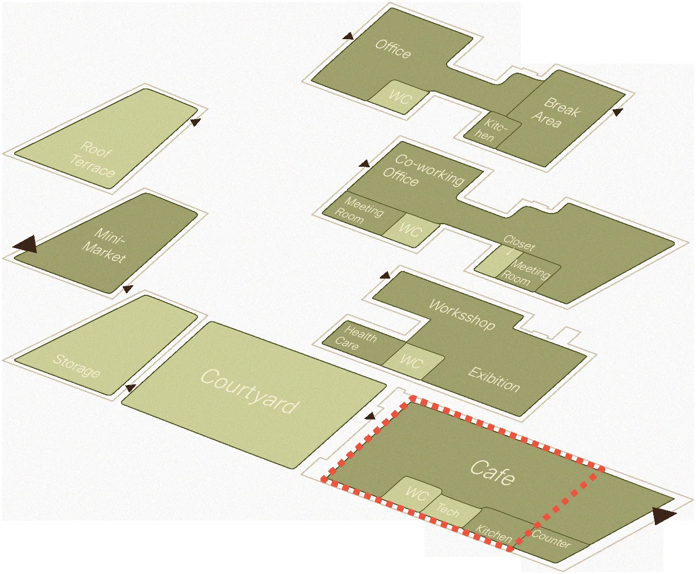 Axonometric functions diagram with the rooms on separate floor plates; the café is outlined with a dashed red line