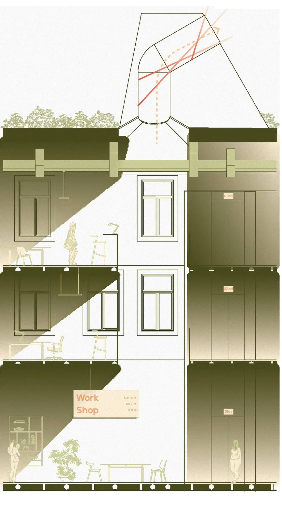 Technical section with the chimney, sun angles for summer solstice, equinox and winter solstice, and stack ventilation