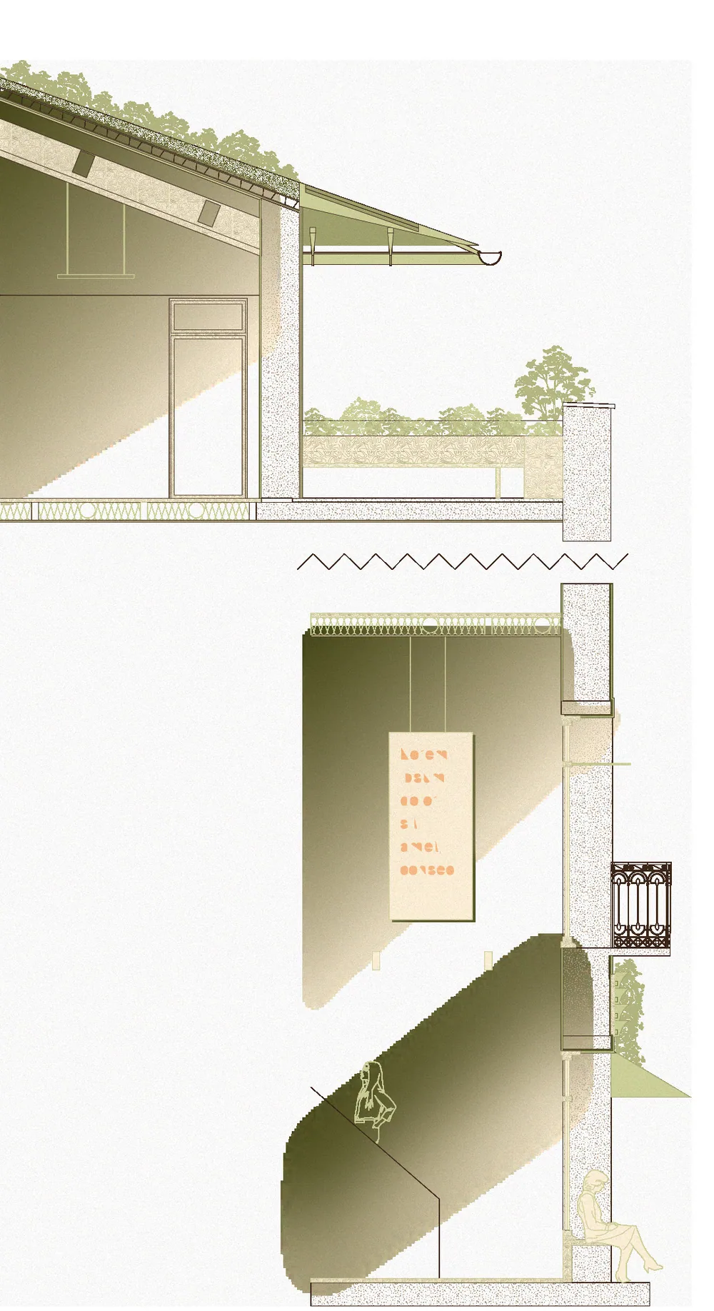 Technical section through the façade and roof build-up with photovoltaics, vegetation and insulation