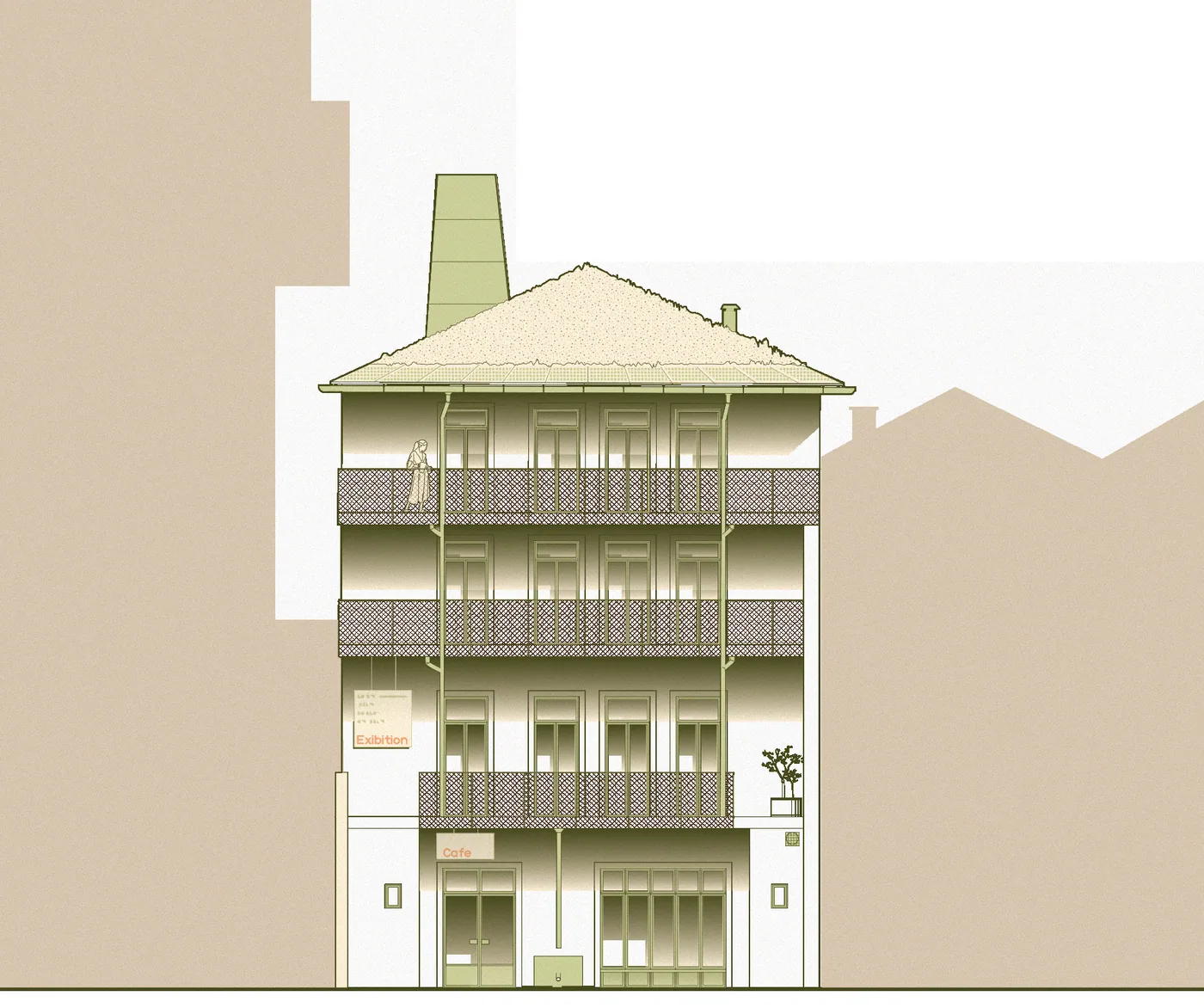 Elevation D of the north side, a slender building with deep balconies