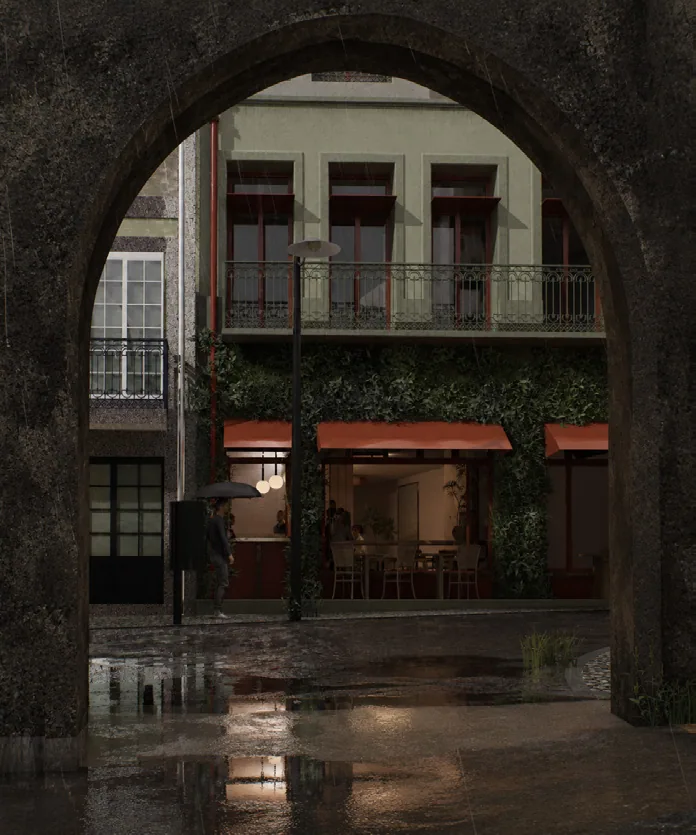 Render through the courtyard arch towards the café in rain, water on the paving